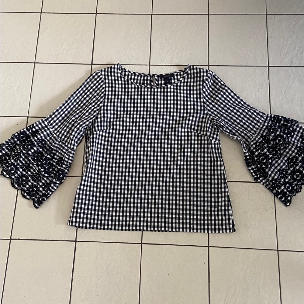 J. Crew Black and White Gingham Blouse with embroidery 6P